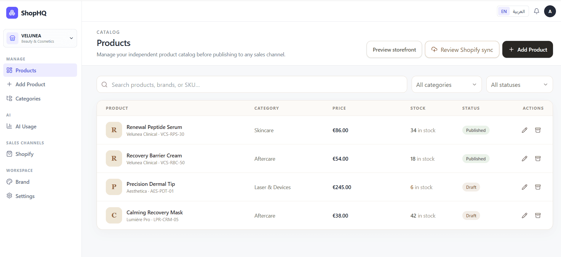Projectweergave van ShopHQ — Shopify Manager